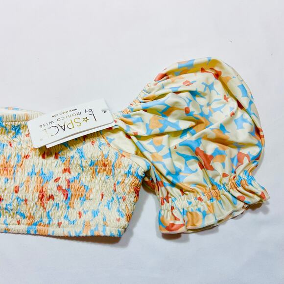 L Space Goldie Bikini Crop Top Medium Smocked Wild Orleander Swimsuit Swim New - Picture 4 of 6